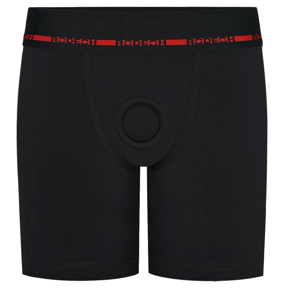 Rodeoh black boxer harness with a red logo waistband extended legs