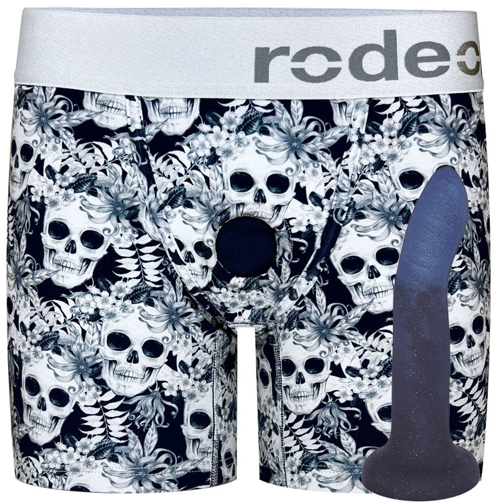 Rory indigo smoke dildo with rise boxer options of midnight skulls harnesses from the front