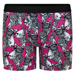 pink withblack and white zebras wesring glasses and a bowtie print RodeoH 6" inseam gender neutral boxer brief underwear with a satin logo band