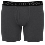 6" Dark gray unisex boxer briefs with a black waistband featuring a repeating gray chain-link pattern.