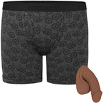 Shift 6" Boxer in gray with bicycles print, laid flat from the front, with caramel color option of Small freeform packer from the side