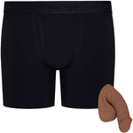 Black RodeoH shift 6" Boxer Underwear, flat from the front, with caramel color of freeform small soft packer from the side