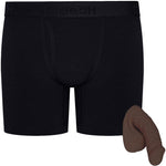 Black RodeoH shift 6" Boxer Underwear, flat from the front, with chocolate color of freeform small soft packer from the side