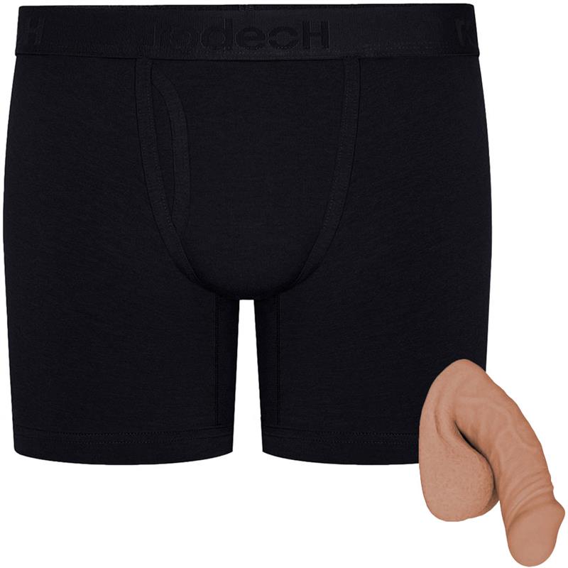 Black RodeoH shift 6" Boxer Underwear, flat from the front, with light caramel color of freeform small soft packer from the side
