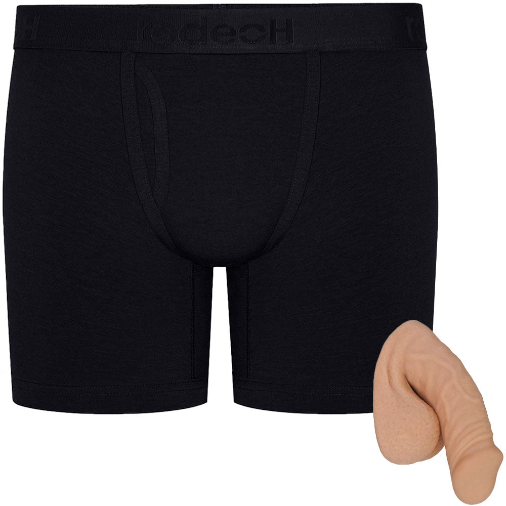 Black RodeoH shift 6" Boxer Underwear, flat from the front, with all Vanilla color of freeform small soft packer from the side