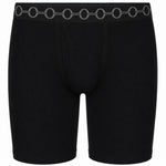 Black boxer briefs with a distinctive gray chain-link pattern along the elastic waistband, shown against a plain white background.