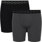 Two pairs of boxer briefs shown on a plain white background, with one pair in black and the other in dark gray. Both have black elastic waistbands with a repeating circular ring pattern.