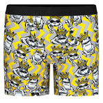 gray and yellow chevron stripe print, with frogs wearing crowns print RodeoH 6" inseam gender neutral boxer brief underwear with a satin logo band