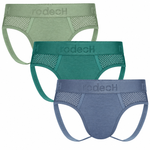 RodeoH Shift Jock Underwear Cool Coastal 3 pack: sage green, pacific teal and slate blue, stacked, from the front