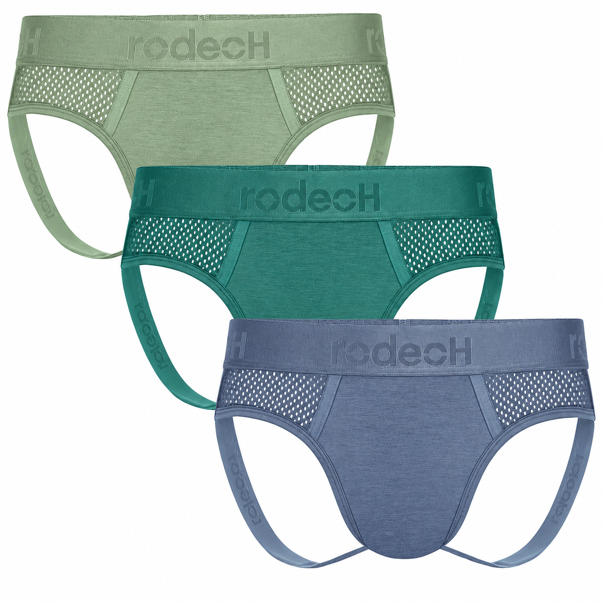 RodeoH Shift Jock Underwear Cool Coastal 3 pack: sage green, pacific teal and slate blue, stacked, from the front