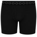 Black boxer briefs with a distinctive waistband featuring a repeating pattern of interlocking gray rings, shown against a plain white background.