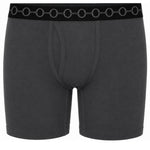Dark gray boxer briefs with a black waistband featuring a repeating gray interlocking rings logo, shown against a plain white background.