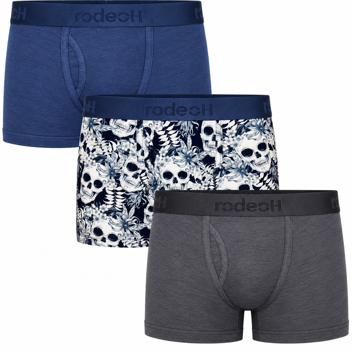 RodeoH Shift Short 3 pack Cool Skulls: Gray, Dark Blue, and Midnight Skulls shorts stacked, from the front