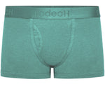 shift short underwear by rodeoh in pacific teal with logo waistband from the front, laid flat