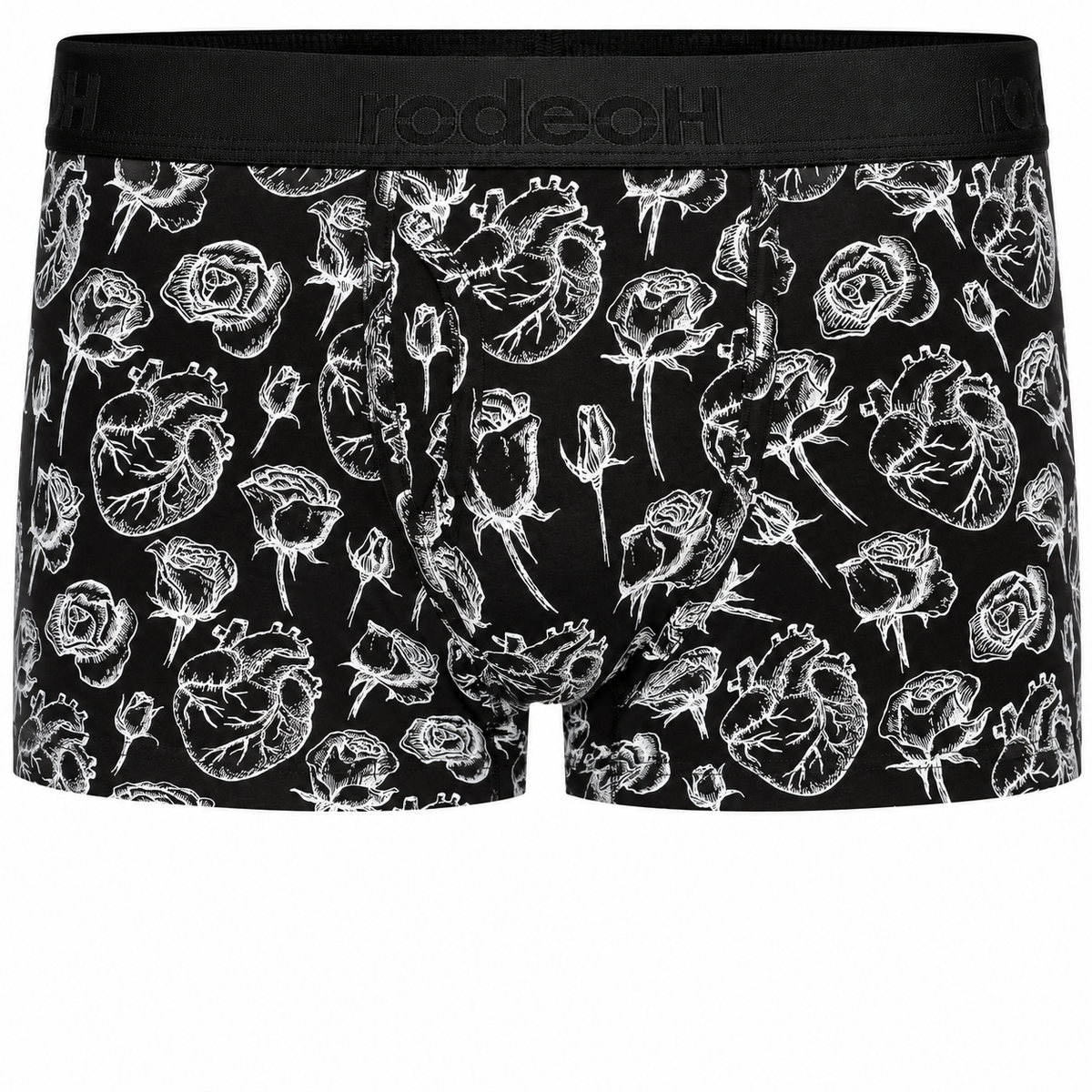 RodeoH Shift Short gender-neutral underwear in Hearts & Roses black print, from the front