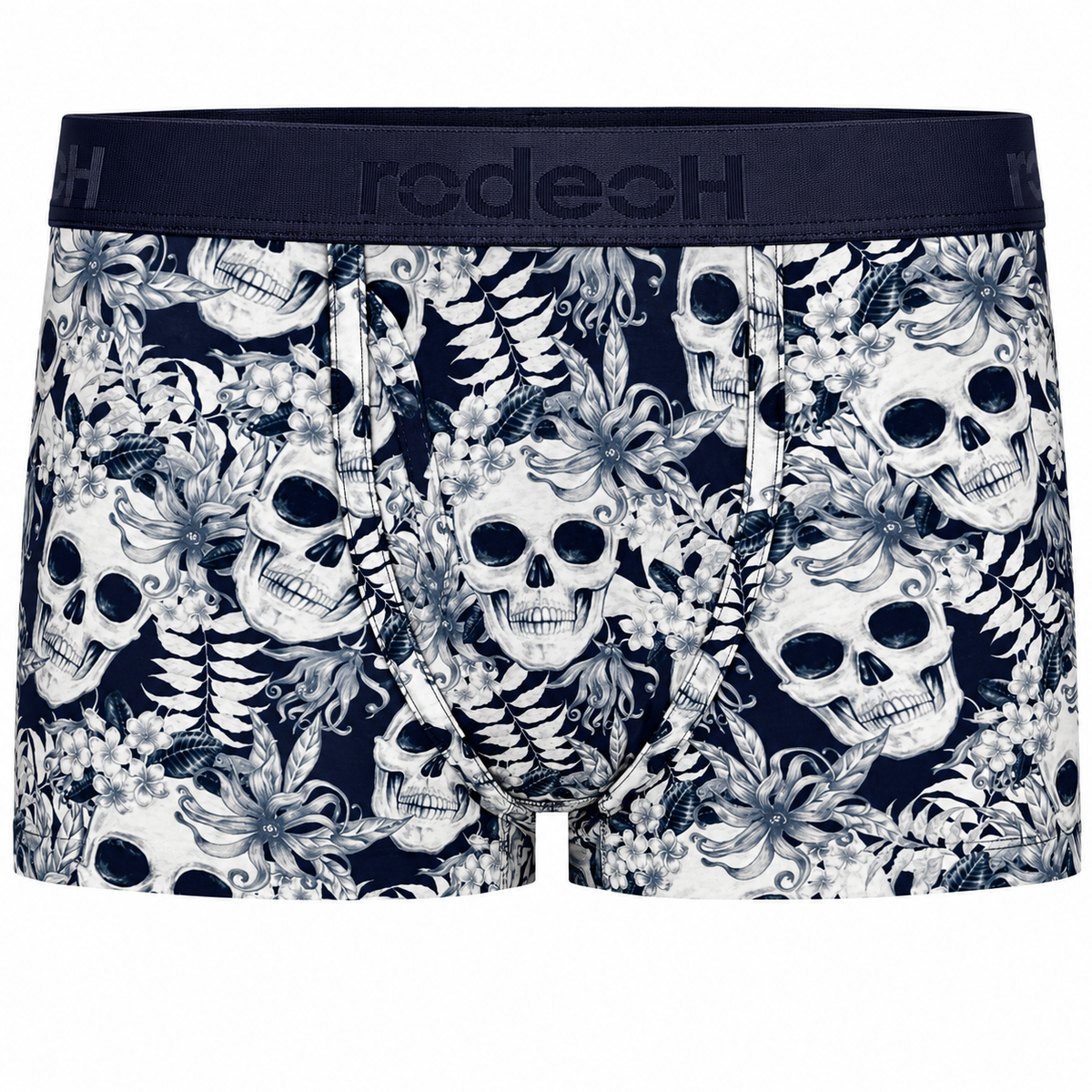 RodeoH Shift Short packer underwear in Midnight Skulls navy print, from the front