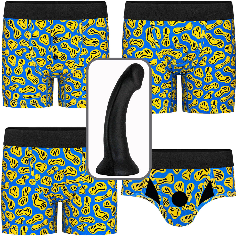 Black Contour silicone dildo from the side, shown with all smiley print harness options from the front