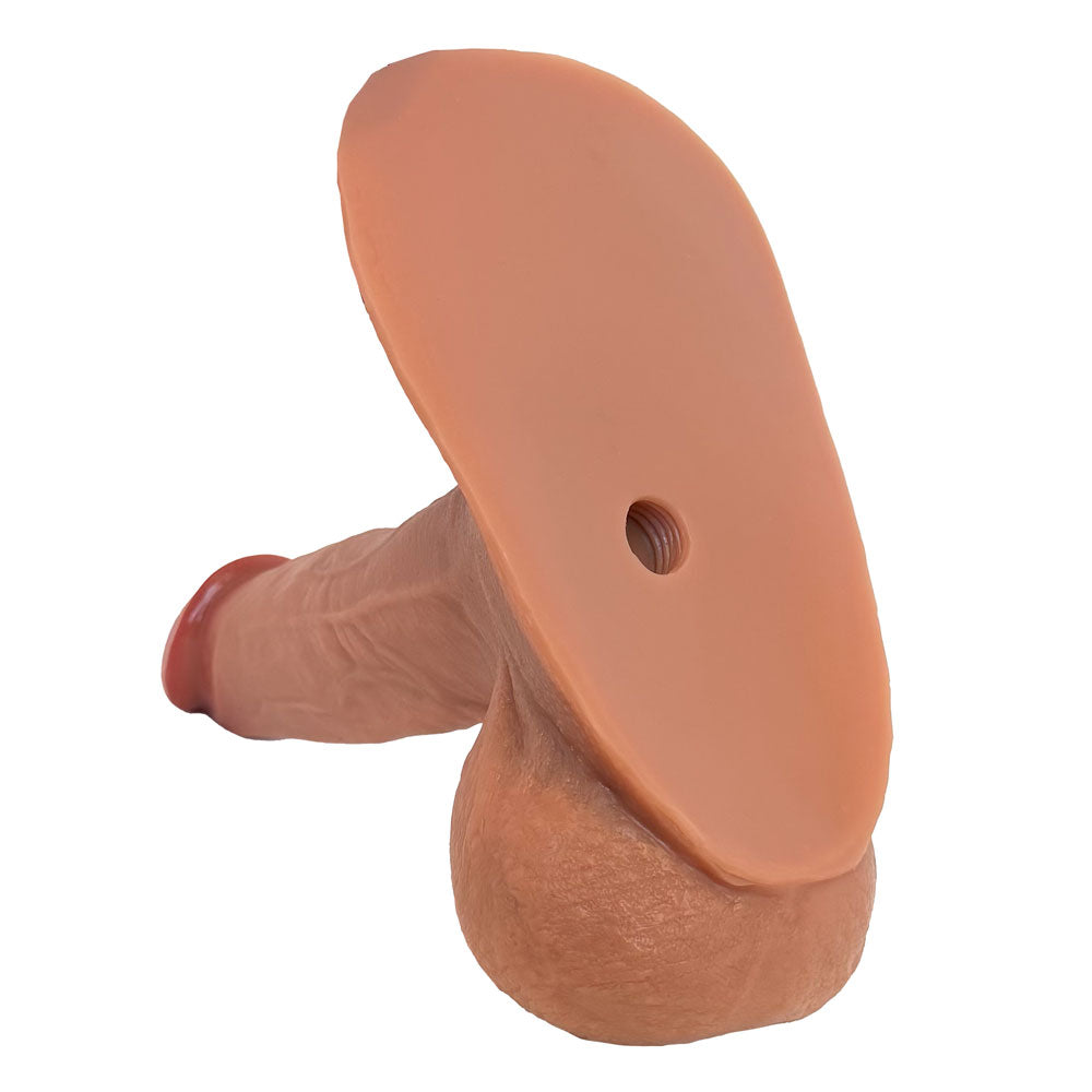 So Real Max silicone dildo with moveable balls and stroker back, in caramel, from the back with stroker back exposed