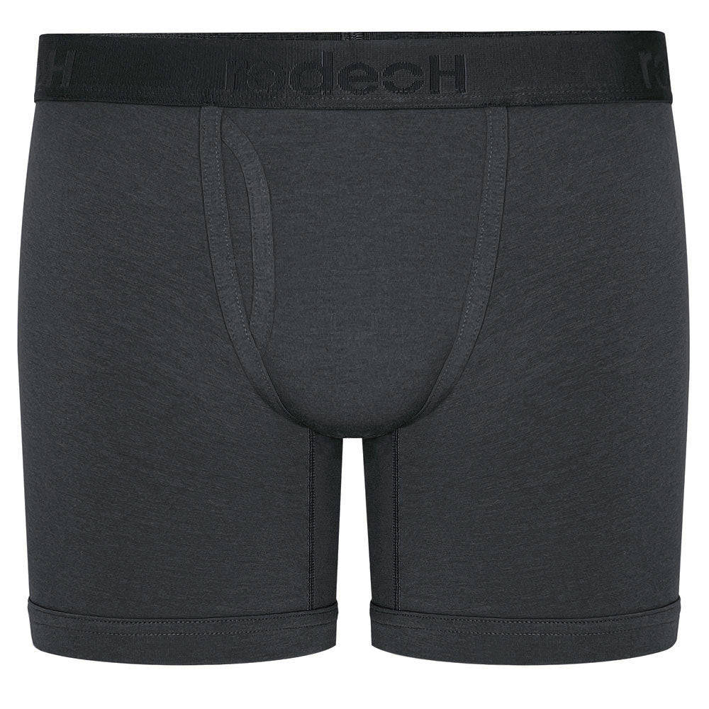 Gray top loading pouch packing boxers with satin logo waistband