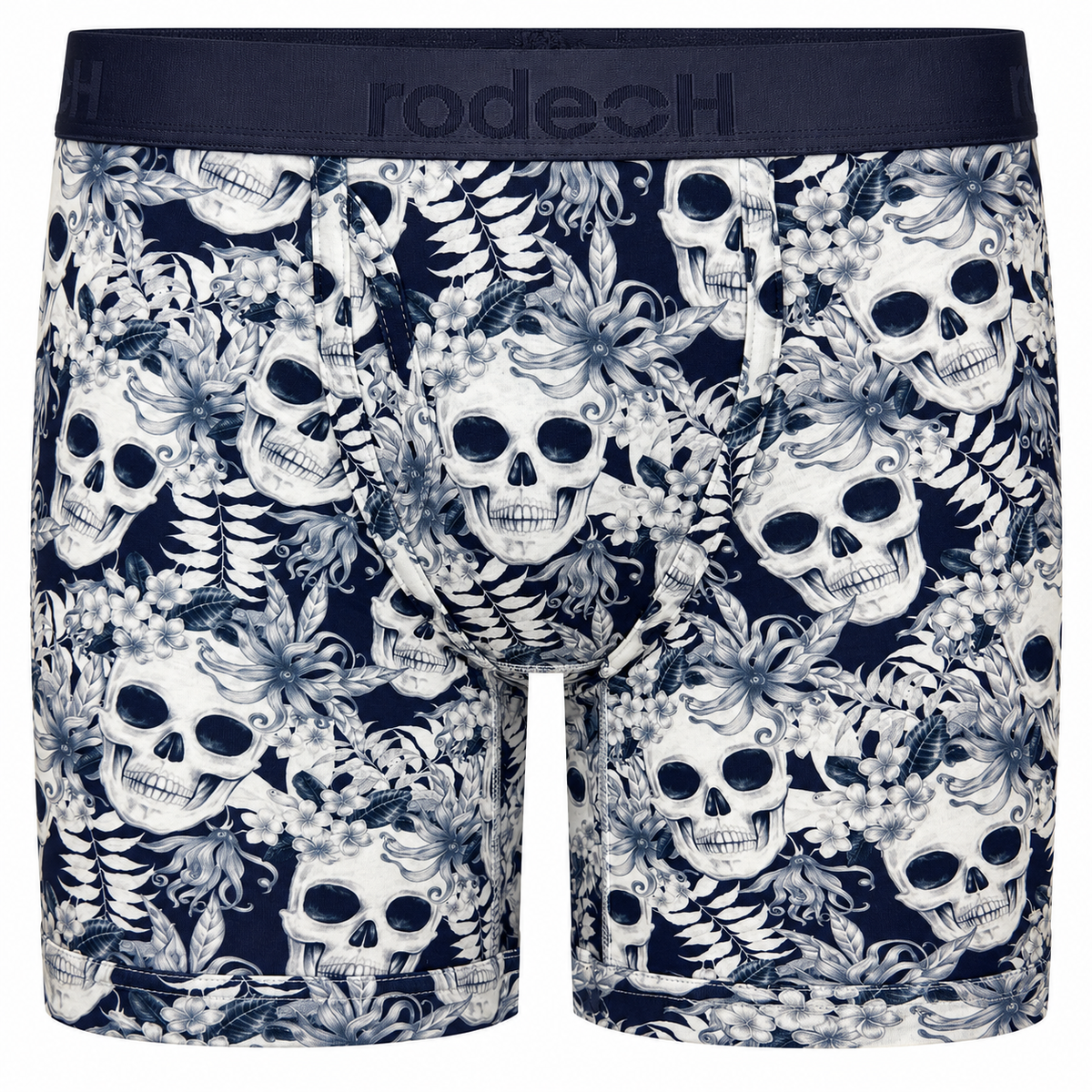 RodeoH 6 inch Top Loading Packing Boxer in Midnight Skulls print, front view