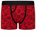 RodeoH Classic Top Loading Packing Boxer in red Hearts & Roses print: black line-drawn anatomical hearts and roses on deep red, front view