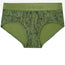 Rodeoh top loading brief underwear for packing from the front, laid flat in green with leaves print