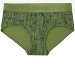 Rodeoh top loading brief underwear for packing from the front, laid flat in green with leaves print