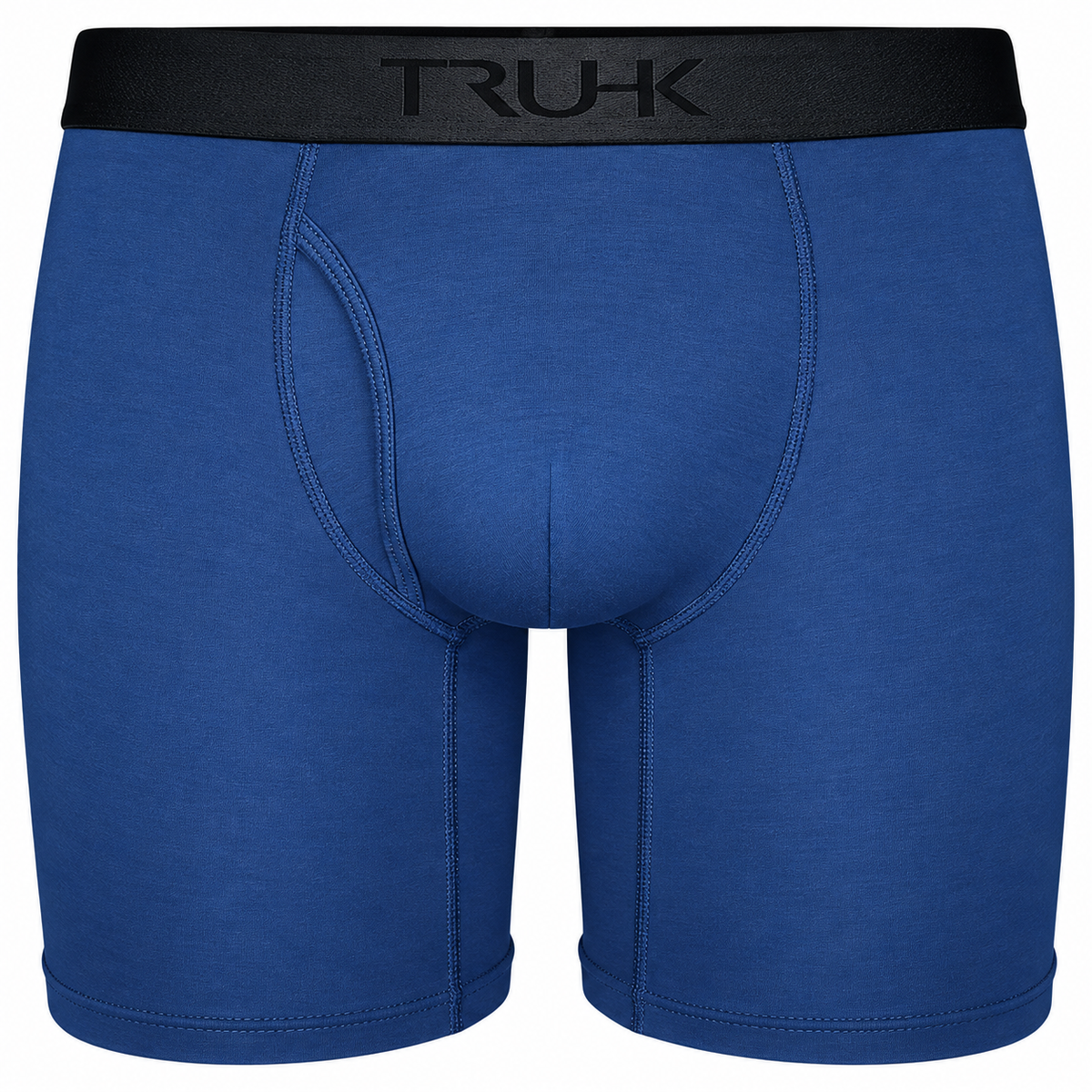 View of deep blue TRUHK boxer briefs with a black branded waistband and contoured front pouch, isolated on a white background.