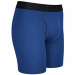 Three-quarter view of deep blue TRUHK boxer briefs with a black branded waistband and contoured front pouch, isolated on a white background.