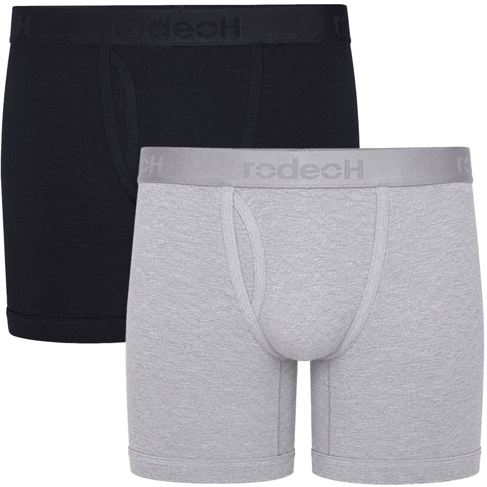 RodeoH 6" Top loading boxer underwear 2 pack from the front, in light gray and solid black stacked over each other