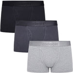rodeoh shift short cotton shorty boxer underwear 3 pack in light gray, solid gray and black, stacked on each other and front the front