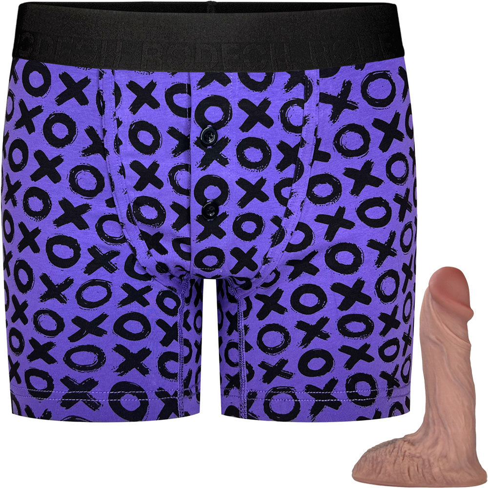 Purple XOXO Button Fly Boxer+ Harness & Ultimate Realistic Dildo - Package Deal Caramel