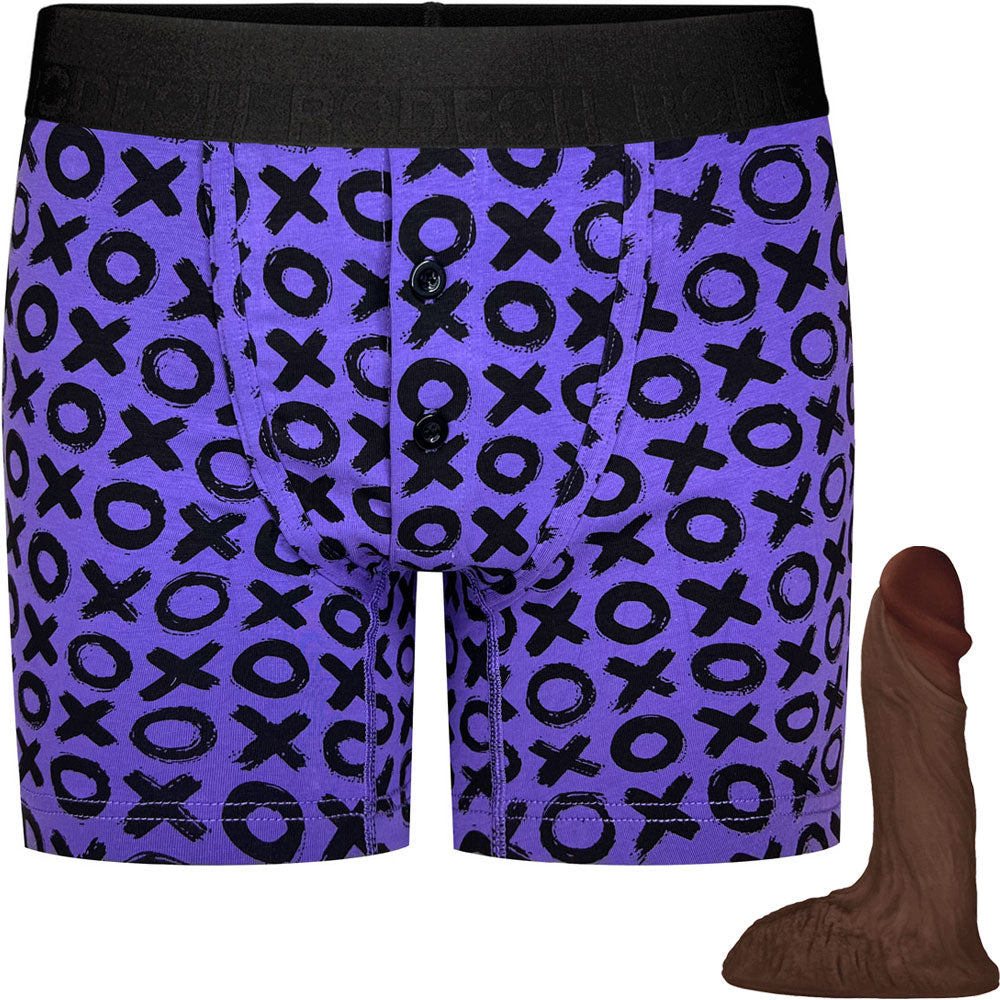 Purple XOXO Button Fly Boxer+ Harness & Ultimate Realistic Dildo - Package Deal Chocolate