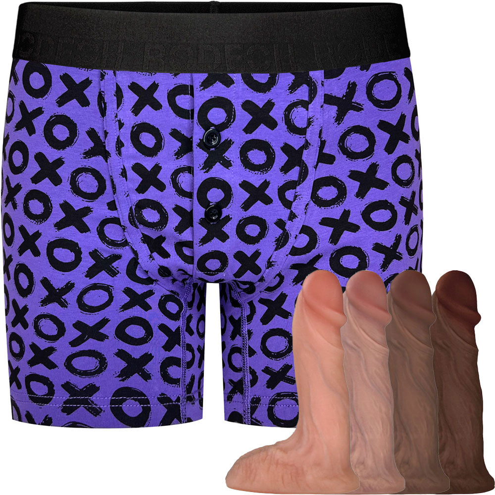 Purple XOXO Button Fly Boxer+ Harness & Ultimate Realistic Dildo - Package Deal 