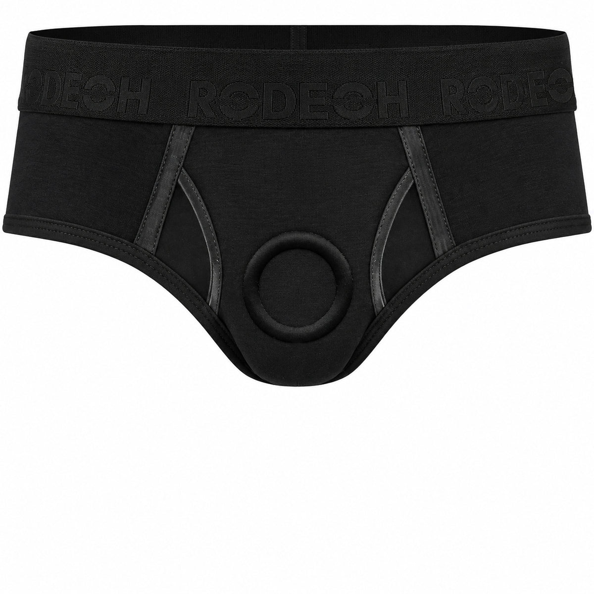 Brief+ Harness in black, a brief-style strap-on harness with a soft black O-ring at the front and RODEOH on the waistband