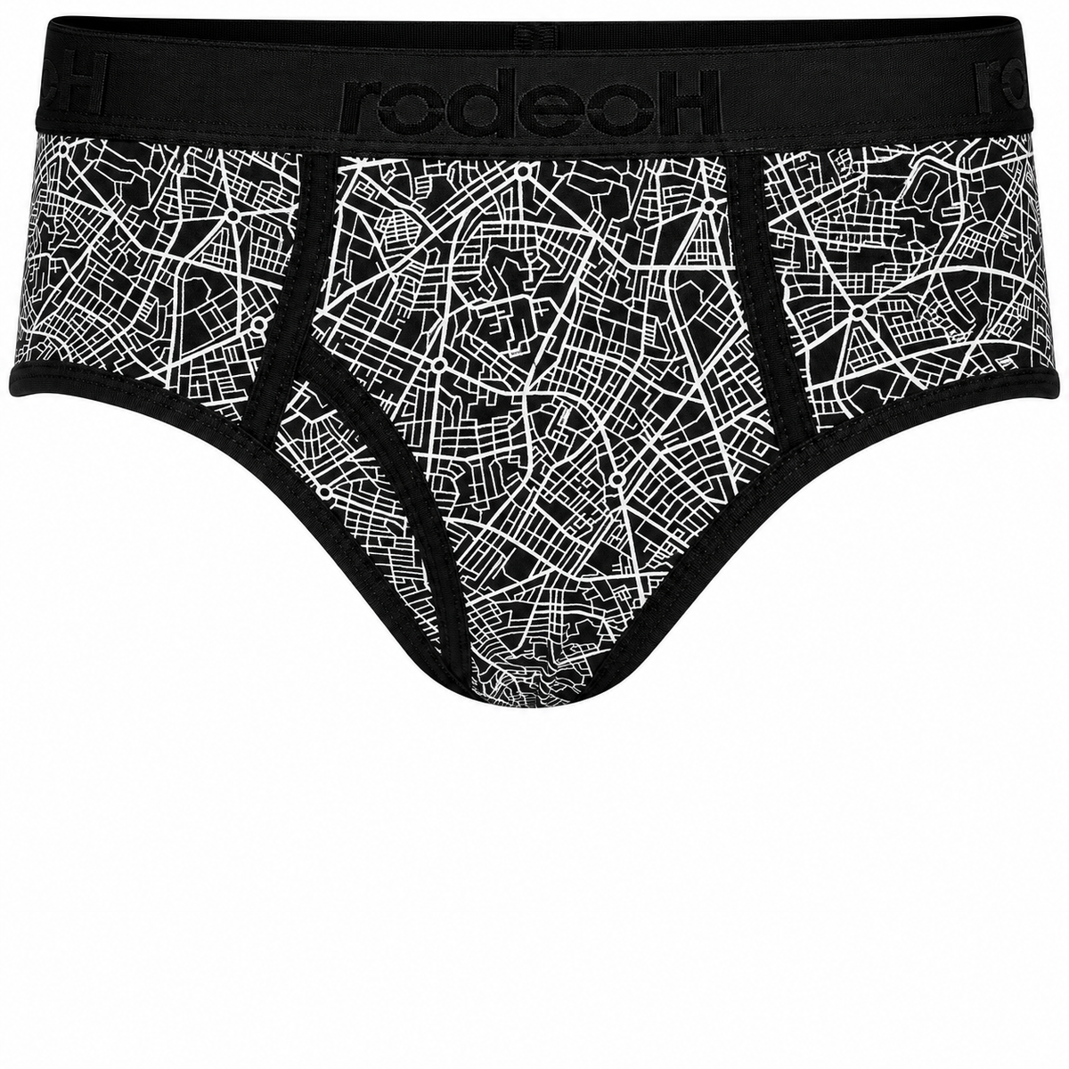RodeoH Top Loading Brief Packer Underwear in black and white Geometric print, front view