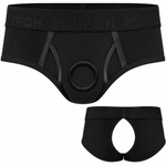 Brief+ Crotchless Harness in black, a brief-style strap-on harness with an open crotch and a front O-ring