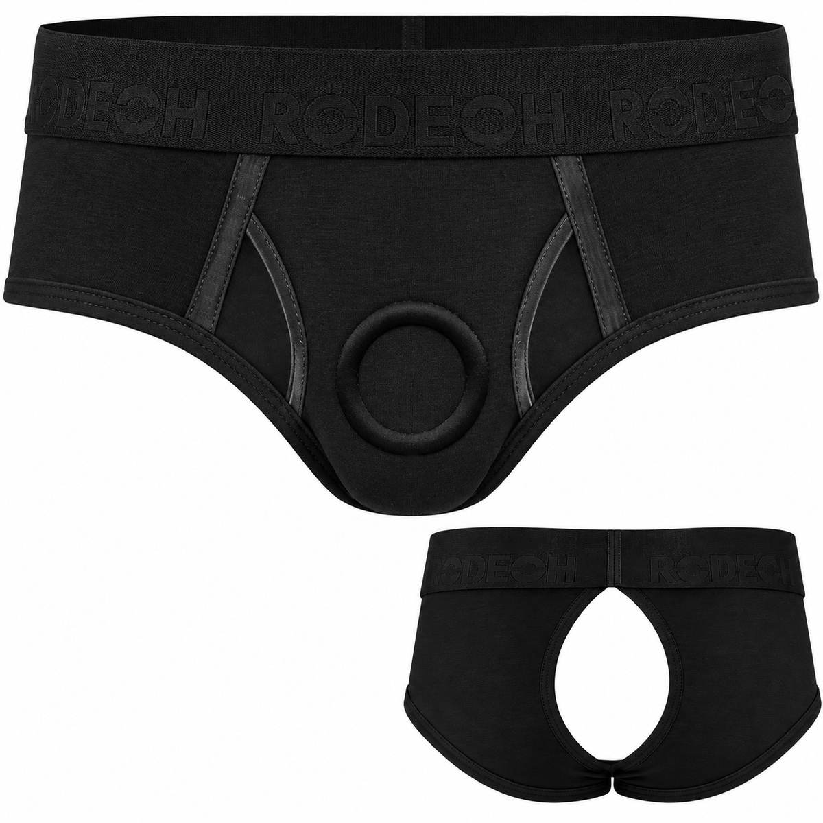 Brief+ Crotchless Harness in black, a brief-style strap-on harness with an open crotch and a front O-ring