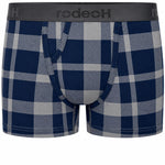 A pair of men's boxer briefs featuring a navy blue and gray diagonal-striped plaid pattern, with a dark gray elastic waistband displaying the brand name 'rodeoH'.