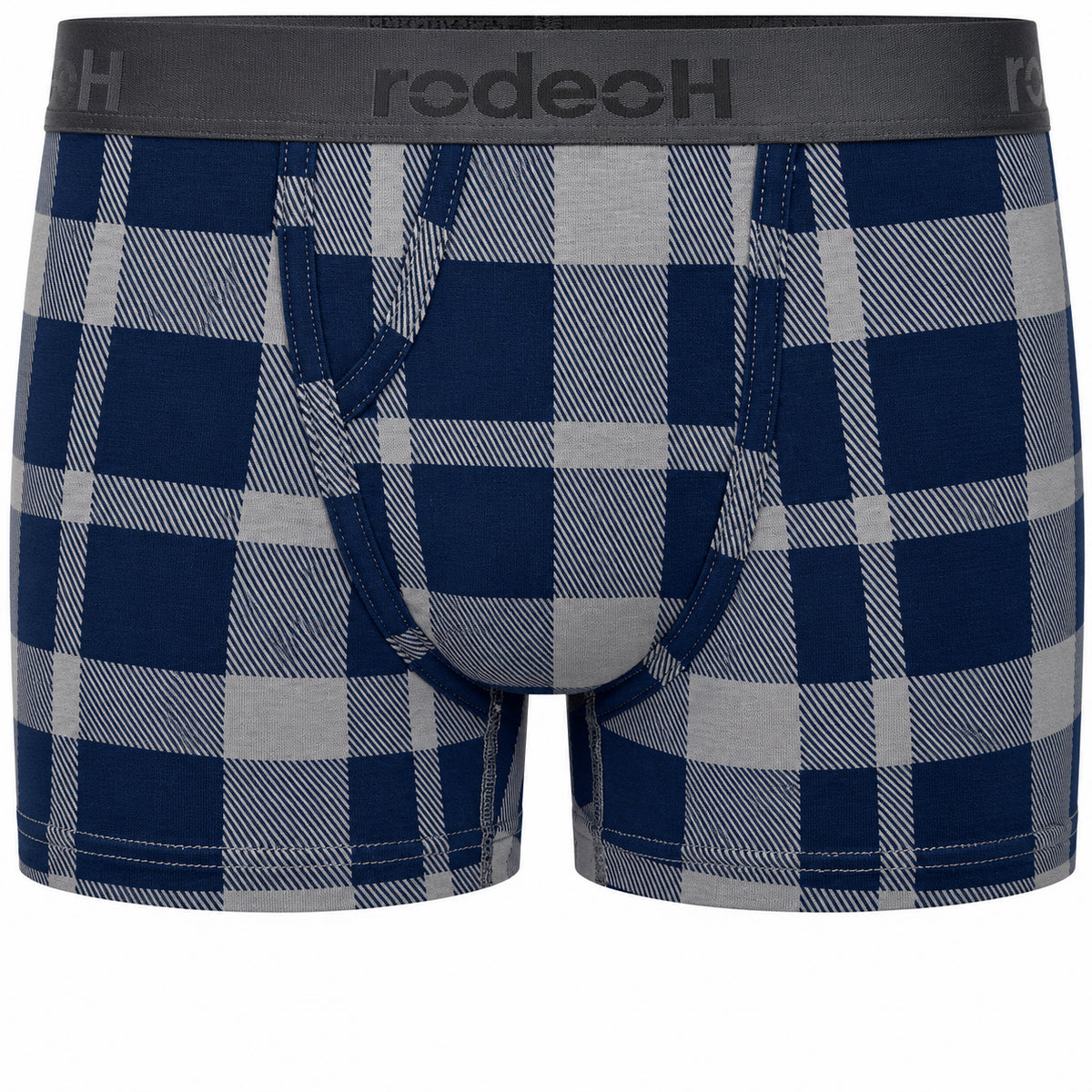 A pair of men's boxer briefs featuring a navy blue and gray diagonal-striped plaid pattern, with a dark gray elastic waistband displaying the brand name 'rodeoH'.