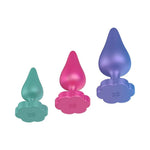 all 3 romp luster silicone anal plugs from the side and bottom to see flower shaped base