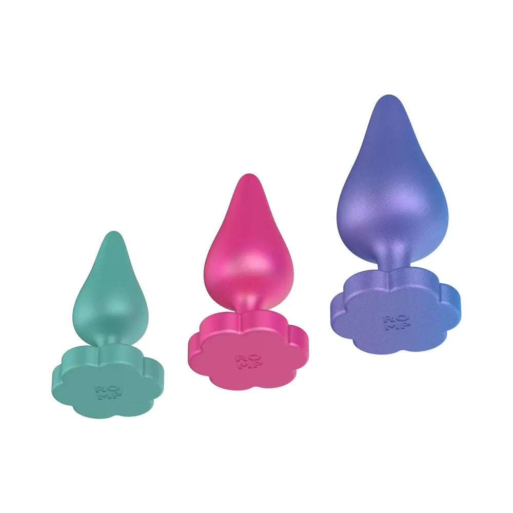 all 3 romp luster silicone anal plugs from the side and bottom to see flower shaped base