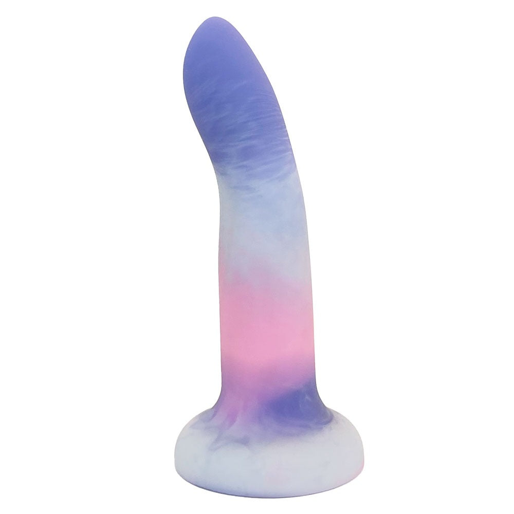 Nexus Rory Dawn vibrating silicone dildo, n pink purple and white swirl, flat on the base , from the side
