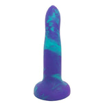 Nexus Rory soft silicone dildo wth suction cup in wild berry purple and green swirl, flat on its suction base from the back