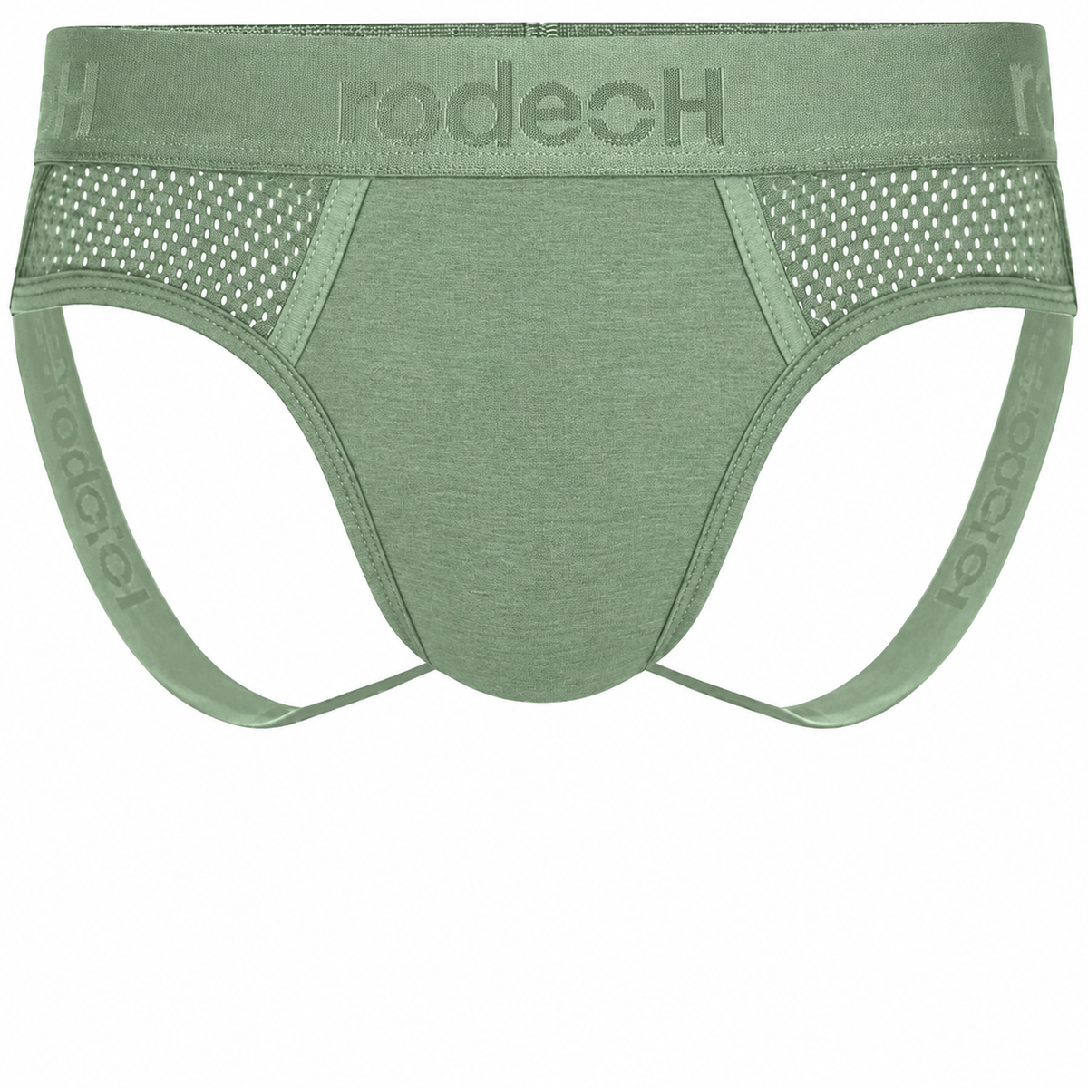 RodeoH Shift Jock gender-neutral underwear in sage green, from the front