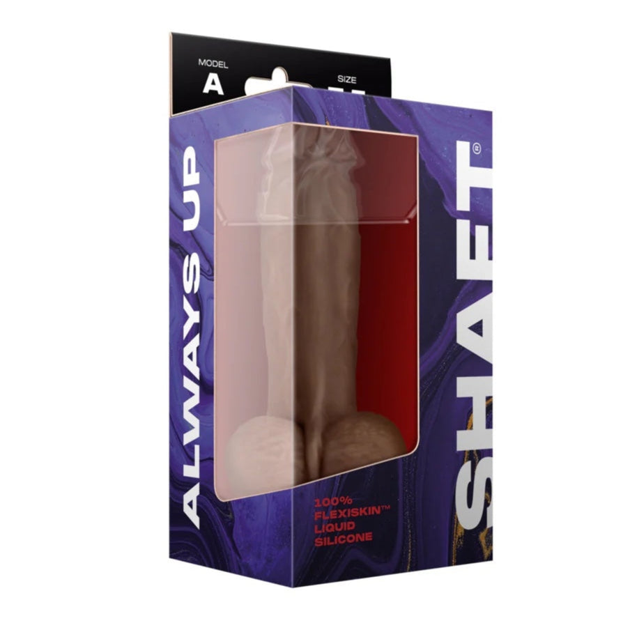 Shaft Model A  silicone realistic dial density dildo  with balls in Caramel aka Oak with painted tip and suction cup base  in packaging