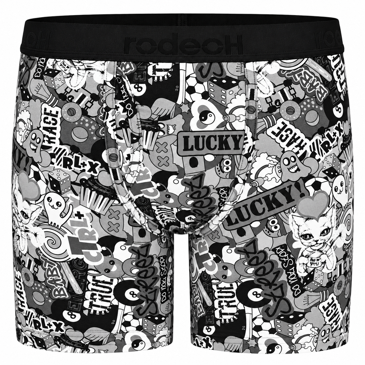 RodeoH Shift 6 inch Boxer in black and white Magic 8 Ball print, front view