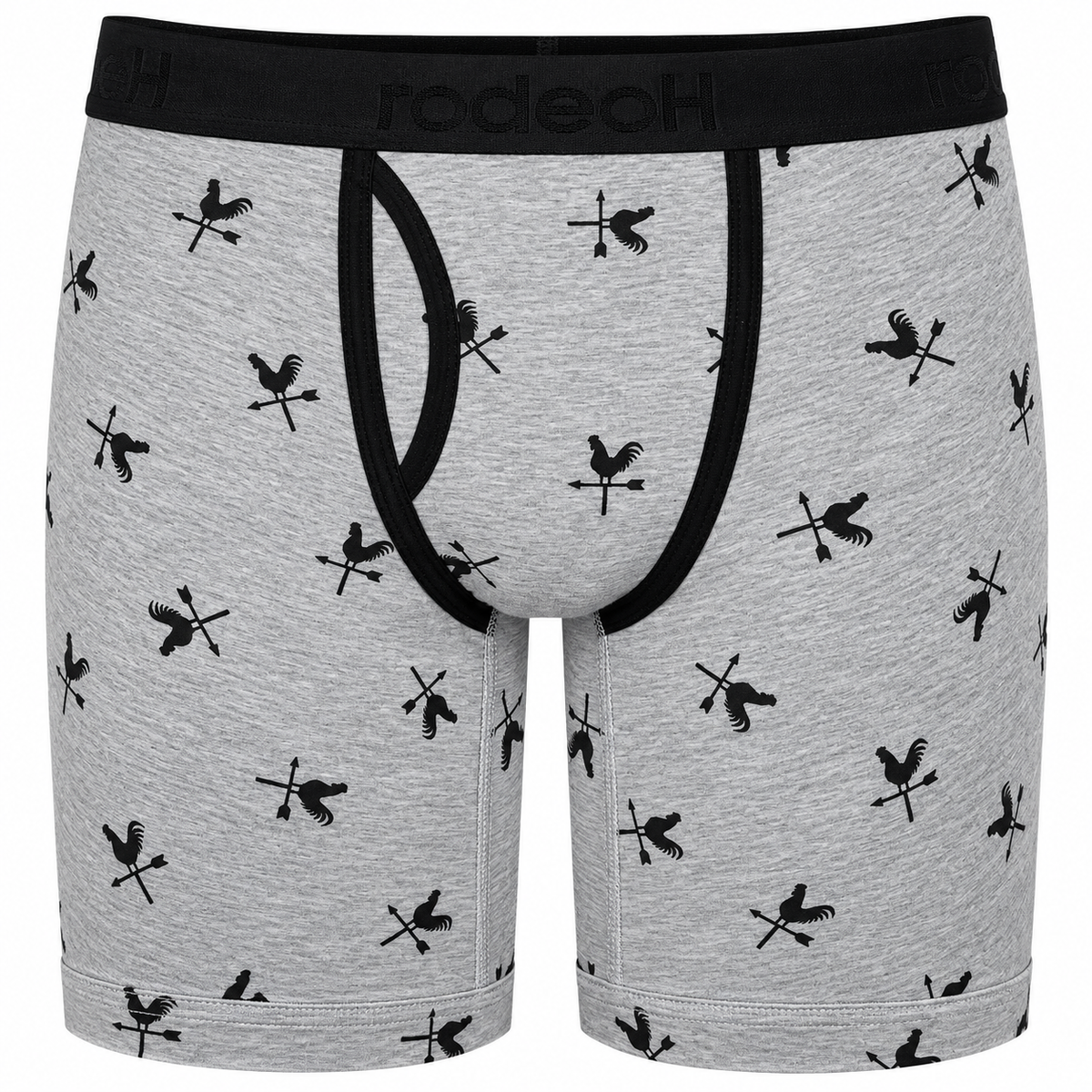 RodeoH Shift 9 inch Boxer in Gray Cocks print on light gray, front view