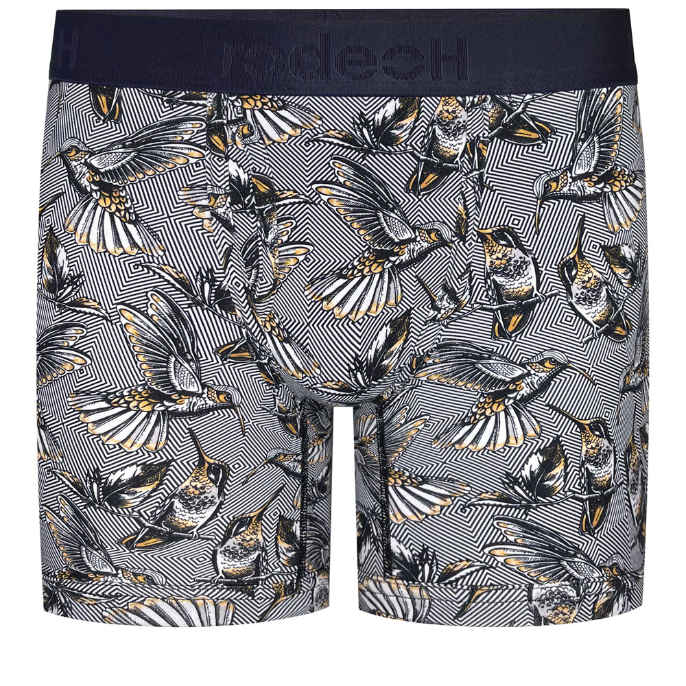 Gender-neutral packer underwear –1 pair of black and white zigzag pattern with hummingbirds Rodeoh Shift Boxer with a 6-inch inseam, soft waistband, and an optional discreet interior pocket for secure, comfortable packing, designed for nonbinary and trans masc individuals.