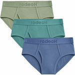 RodeoH Shift Brief Cool Coastal 3 pack: Sage Green, Pacific Teal, and Slate Blue briefs stacked, from the front